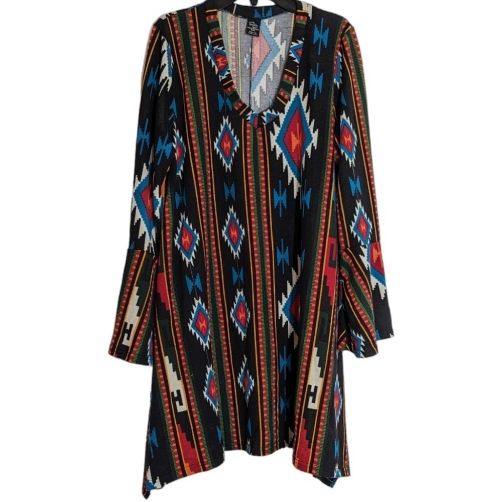 WinWin Flare Bottom Tunic Dress Women's L-XL Black Aztec Print Long Sleeve